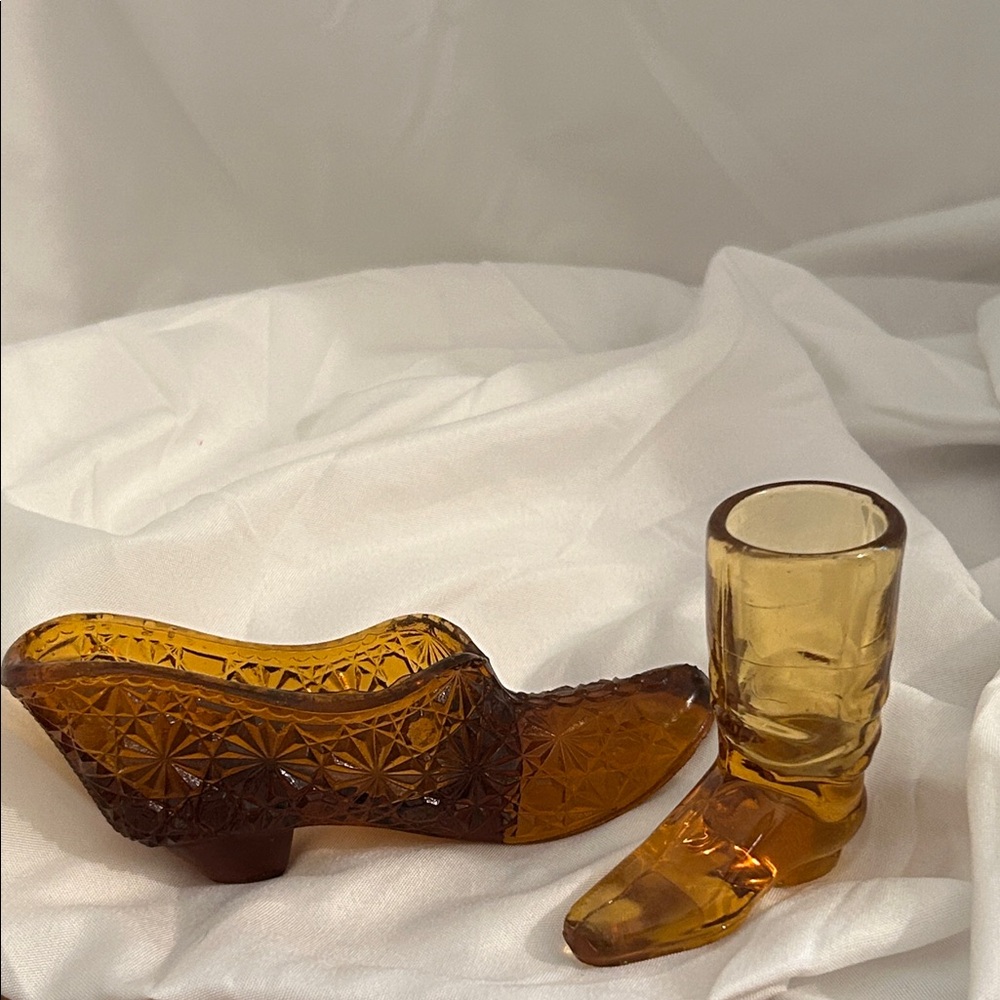 Vintage Amber Glass Boot and Shoe Set